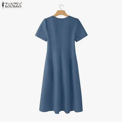 ZANZEA Women's Elegant Fit and Flare Party Dresses Bow Detail O-Neck Short Sleeve Wedding Guest A-Line Midi Dress Woman Clothes