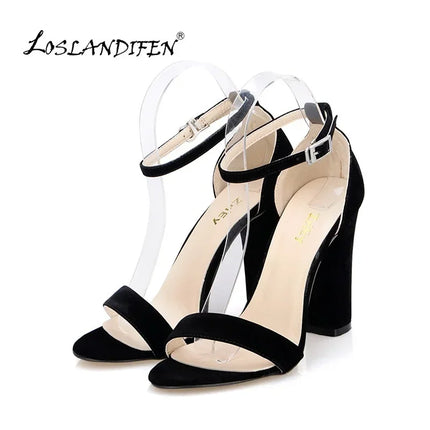 Women Sandals Pumps Open Toe Sexy Ankle Straps High Heels Summer Ladies Bridal Suede Thick Heel Office Party Dress Wedding Shoes
