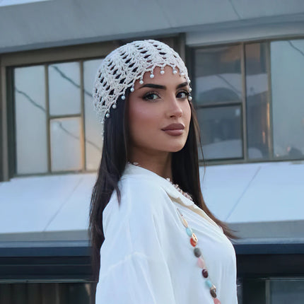 Korean Style Handmade Crochet Hat Women Summer Hollow Pearl Knitted Hat Fashion Mesh Hat Pullover Hat Cute And Sweet Beanie Hat