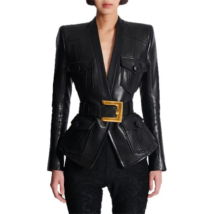 2026 new luxury and fashionable women's clothing belt slim fit leather jacket with multiple pockets motorcycle fashion jacket