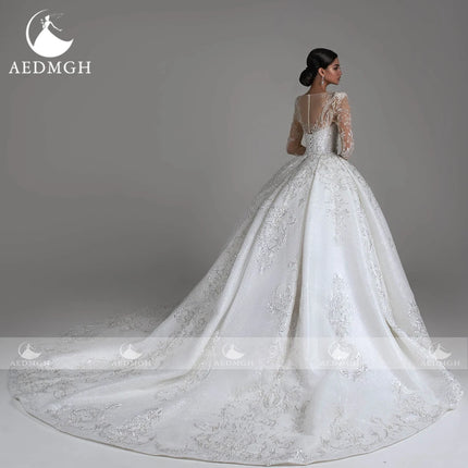 Aedmgh Ball Gown Shiny Wedding Dresses Boat Neck Long Sleeve Bride Dress Lace Beaded Sequined Glamorous Custom Made Bridal Gown