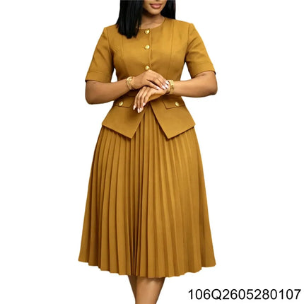 2026 New Women's African Summer New Round Neck Patchwork Pleated Fake Two-piece Solid Color Plus-size Dress 106Q26052801