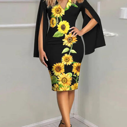 Women Round Neck Floral Print Split Flare Sleeve Bodycon Midi Dress Elegant Party Wedding Guest Dress