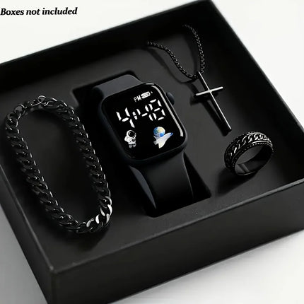 Four Piece Men's Accessory Gift Box Set - Low Voltage Running Digital Electronic Watch with Vintage Necklace, Bracelet, Ring, Ea