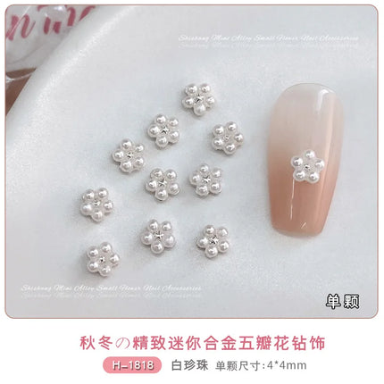 10PCS 3mm 4mm Mini 3D Nail Art Rhinestone Pearls Five-petaled Flowers Accessories For Manicure Decor Nails Decoration Supplies