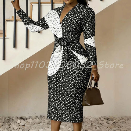 Polka Dot Color Block Floral Print Bodycon Dress V-Neck Long Sleeve Midi Dress for Women Spring Party Date Night Outfit