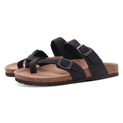 Evshine New Women's Cork Footbed Sandals Double Adjustable Buckle Slide Sandals Slip On Walking Summer Shoes Cork Clogs Slippers