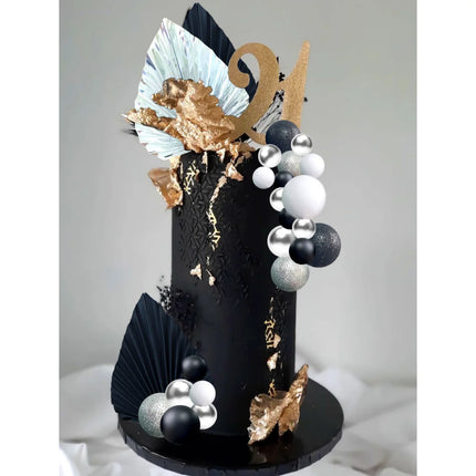 LaVenty Black Sliver Balls Cake Decoration Silver Palm Leaves Cake Decoration Goth Black Cake Topper for Birthday Wedding