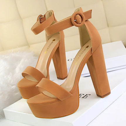 Fashion Women Pumps Sandals Summer Platform Belt Buckle Strap PU Square Heel Outdoor Korean Style Black Open Toe Grace 1550-1