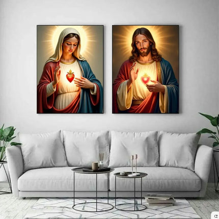 Christian Religious Jesus And Virgin Mary Sacred Heart Canvas Painting Catholic Holy Child Jesus Art Poster Christian Home Decor