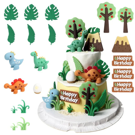 Jungle Dinosaur Theme Happy Birthday Cake Toppers Plastic Rubber Girl Boy Birthday Party Cake Decorations Baking Tools Kid Favor