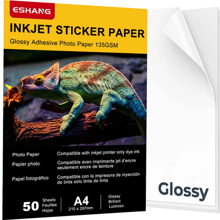 ESHANG Self-Adhesive Photo Paper, A4 Glossy Sticker Paper for Inkjet Printer, 8.3 X 11.7 Inch, 50 Sheets, 135 GSM 36Ib
