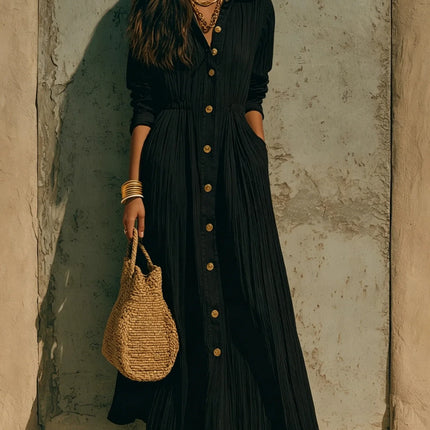 Women Crinkle Solid Maxi Dress Lapel Collar Button Cardigan Long Sleeve Pocket Flowy Dress Fall Beach Travel Casual A-Line Dress
