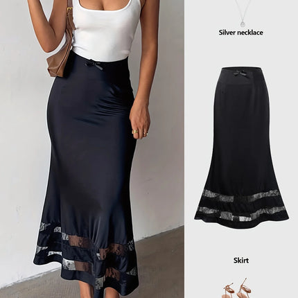 Elegant Satin Ruffle Hem A-Line Long Skirt