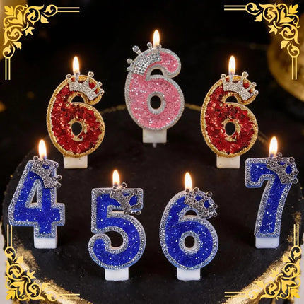 Crown Candles New Creative Number 0-9 Pink Blue Red Birthday Wedding Party Cake Decoration Handmade Crown Powder Sequin Cake Dec