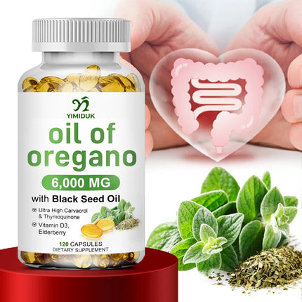 Oregano Oil + With Black Seed Oil & Elderberry + Vitamin D3, Supports Antioxidant & Skin Health, Antibacterial & Immune System