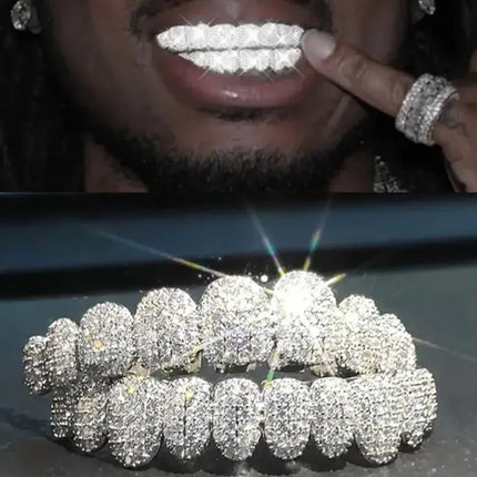 TOPGRILLZ Iced Out 10 Top &10 Bottom 5A CZ Stones Teeth Grillz Punk Rapper 14K Gold Plated Zircon Tooth Caps For Mouth Jewelry