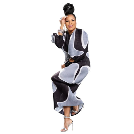 Elegant Women Pleated Half Lantern Sleeve O-neck Slim Maxi Long Dress Print Fashion Autumn 2026 Ruched Dresses Vestidos