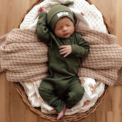 Newborn Baby Boy Clothing Outfits Solid Color Ribbed Long Sleeve Romper Jumpsuit with Hat for Infant Toddler Fall Clothes