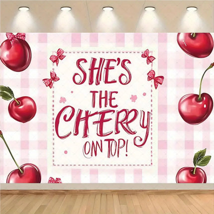 Checkered Cherry Butterfly Bow Theme Banner Background, Children's Birthday Party, Room Decoration Photography Background Cloth