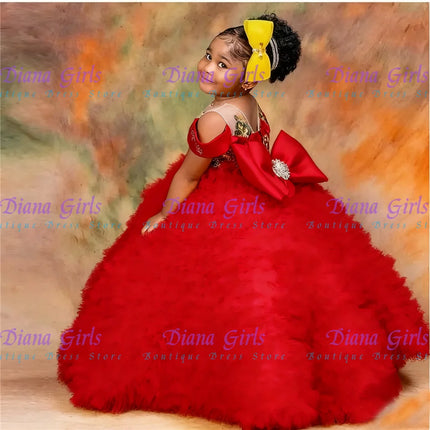 Quality Lovely Flower Girls Dress Tulle Tiered Ruffles With Big Bow Back Floor Length Kids Wedding Birthday Party Ball Gowns
