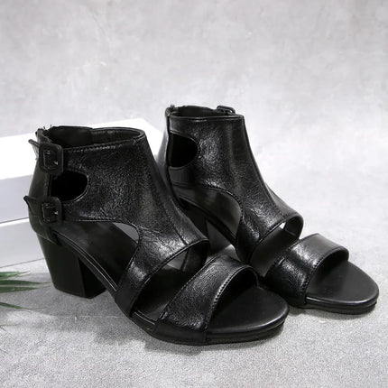 High-quality hot-selling High Heel Sandals Women's 2025 New Sexy Gladiator Black Square Buckle Thick Heel Fish Mouth
