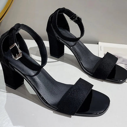 Women Heels Sandals 2025 New Summer Sandal Fashion Square Low Ladies Elegant Dress High Heels Sandal Shoes Outdoor Casual Slides