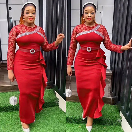 Cross-Border African Women's plus Size Heavy Embellished Party Long Dress Commute Casual Style High Waist Long Sleeve Dress