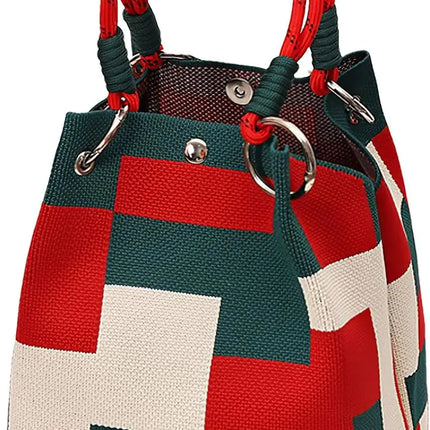 Mini Knitted Bucket Bag Women Small Handbag Geometric Colorblock Wristlet Purse With Detachable Handle