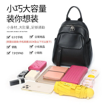 Women Black Genuine Cowhide Leather Backpack Anti Theft Hidden Zipper Casual Shoulder Bag with Front Pocket for Daily