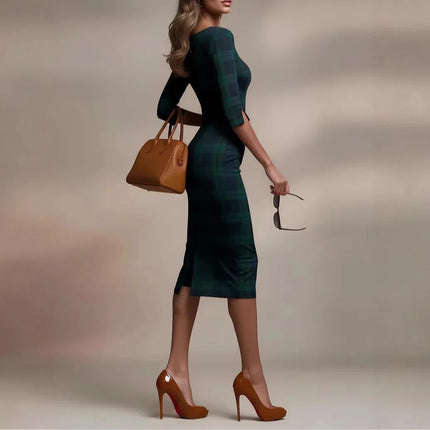 Classic Plaid Seven-Quarter Sleeve Boat Neckbodycon Dress Elegant Style Mid-Waist Long Skirt Polyester Fabric for Date