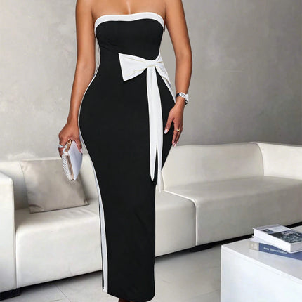 Ladies Fashion Elegant Color Block Knot Design One Shoulder Dress Stylish Graceful Versatile Butterfly Bow Dress for Women