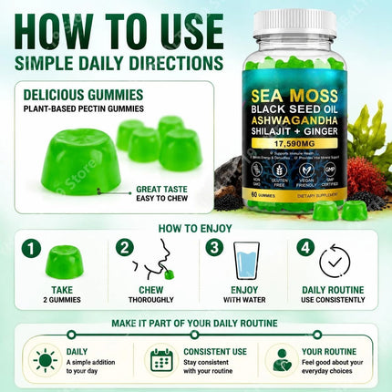 Sea Moss Black Seed Oil Ashwagandha Shilajit Gummies For Energy Boost & Immunity Digestion Stress Support, Adult, 60 Gummies