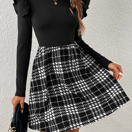 Women Fashion Plaid Patchwork Ruffle Shoulder Long Sleeve High Waist Slim Fit O-Neck Elegant Ladies Mini Dress for Summer&Autumn