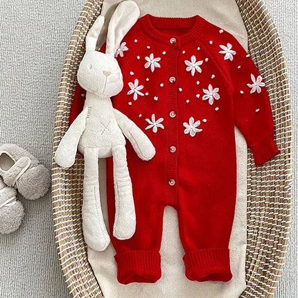 New Infant Baby Girls Knitted Jumpsuit Autumn Winter Children Knitted Clothes Long Sleeve Sweet Flower Rompers