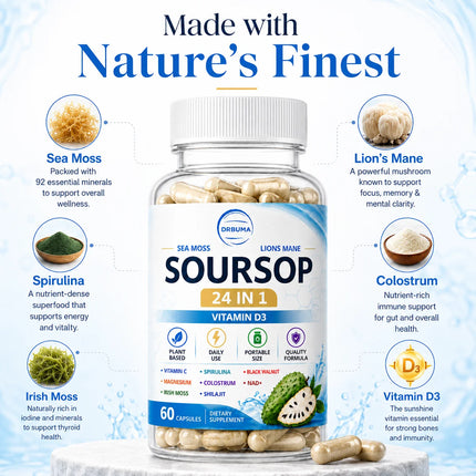 Soursop 24-in-1 Plant Nutrient Capsules, 60 Capsules – Portable Daily Dietary Supplement for Adults, Rich in Multiple Nutrients, Ideal for Home, Office and Travel Use, European & American Style Wellness Management Nutrition