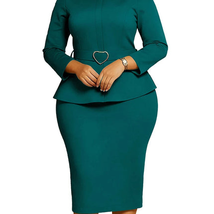 Mlaiscsr African Women Formal Office Work Mid Dress with Belt Evening Club O Neck Long Sleeve High Waist Pencil Bodycon Vestidos