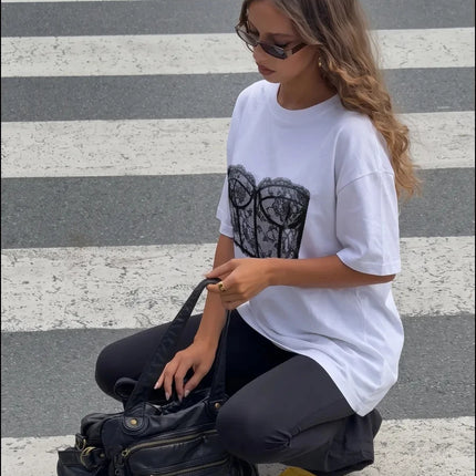 Lace Corset Print Oversized T Shirt Women Y2K Harajuku Casual Loose Short Sleeve Graphic Tee Summer Streetwear Tops