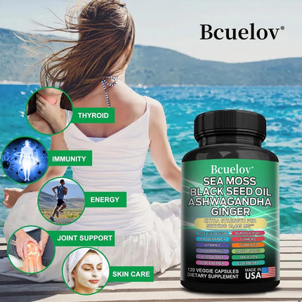 Sea Moss Complex Capsules with Ashwagandha Black Seed Oil Ginger, Daily Nutrition for Thyroid Gut Immune Skin & Joint Wellness