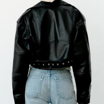 Ailegogo Spring Autumn Women Faux Pu Leather Short Jacket with Belt Motorcycle Biker Female Zipper Lapel Loose Coat Outwear