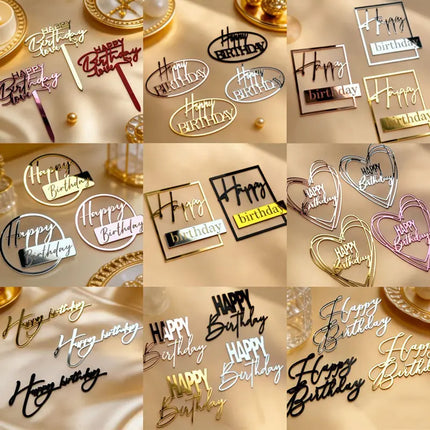 New Side Happy Birthday Cake Toppers Decoration Gold Acrylic Kids Birthday Party Cake Topper for Baby Shower Gift Baking Supplie