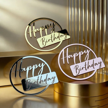 New Side Happy Birthday Cake Toppers Decoration Gold Acrylic Kids Birthday Party Cake Topper for Baby Shower Gift Baking Supplie