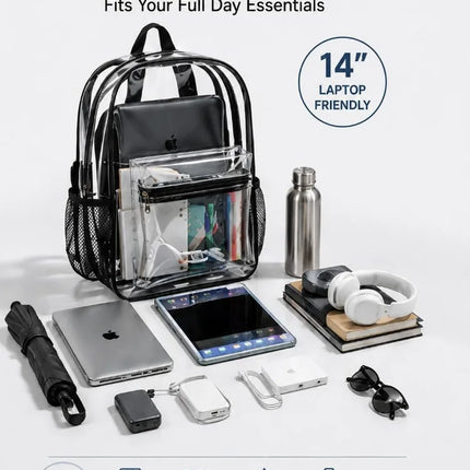 Clear Backpack Heavy Duty Transparent PVC Bookbag Stadium Approved Security Fast Checks For School College Work Music Festival