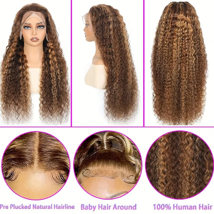 Highlight Curly Bob Wig Human Hair Deep Wave 13x4 HD Lace Front Wigs For Black Women Human Hair Pre Plucked Wear And Go Glueless Wet And Wavy Ombre Honey Blonde 4/27 Colored Wigs 26Inch