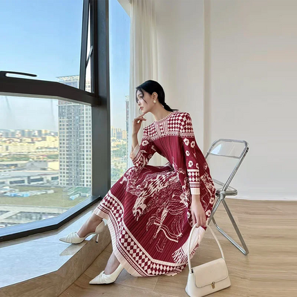 Beautiful Womens Dresses Spring New Printed Loose Folding Dress with Round Neck and Long Sleeve Fashion Temperament Long Dresses