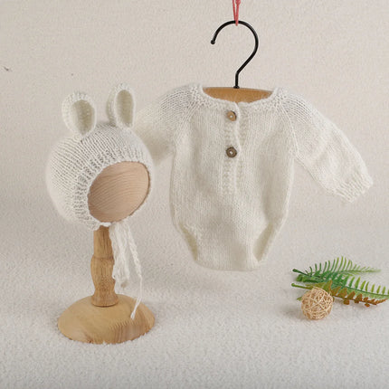 Newborn Knitted Angola Fuzzy Romper Baby Animal Outfit Photography Props Baby Cartoon Wolf Footed Overall Sets Photo Props