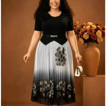 Miyake 2026 Summer New Fashion Design Sense Waist Printing Color Matching Big Pendulum Dress Elegant Women's Clothing