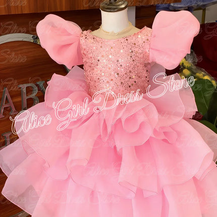 Customized Pink Flower Girl Dresses for Wedding with Bow Layered Girl First Communion Sequins Baby Kids Birthday Party Gowns
