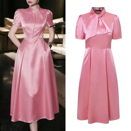 Women's Elegant Pink Satin Party Dress Tie-Neck Short Sleeves Fit and Flare A-Line Midi Dresses ZANZEA Woman Evening Robes 3XL