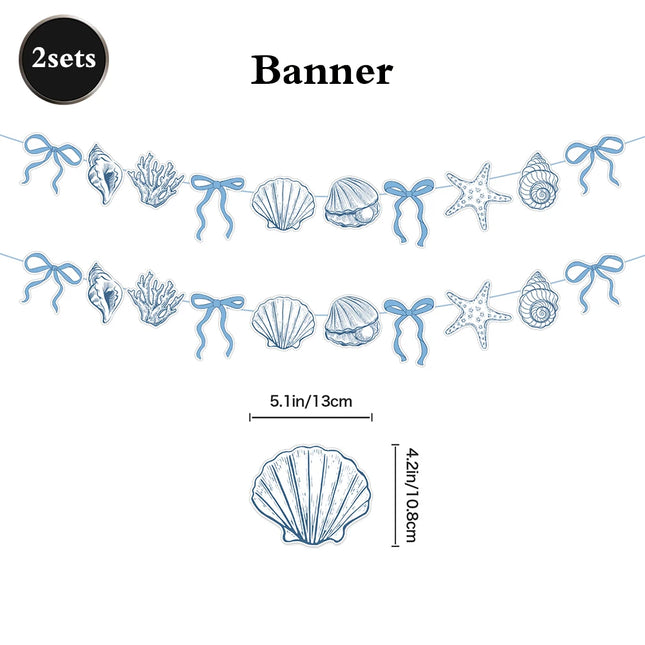 Blue Bow Starfish Seashell Happy Birthday Banner Garland Ocean Beach Under The Sea Theme Birthday Mermaid Party Decoration Favor